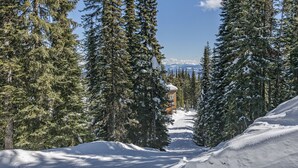 A snow-covered ski trail flanked by tall evergreen trees, leading to a lodge with a red roof. - Rare Top 3rd Floor Corner Grandview Condo with Elevator & Extra Large Balcony (Silver Star Mountain)