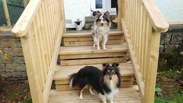 Una scala in legno che porta all'ingresso di una casa.