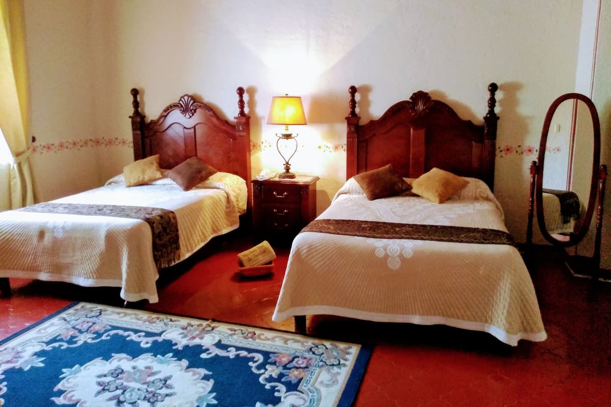 Ein Hotelzimmer mit zwei Betten, einem Nachttisch mit Lampe, einem Spiegel und einem Teppich mit Blumenmuster.