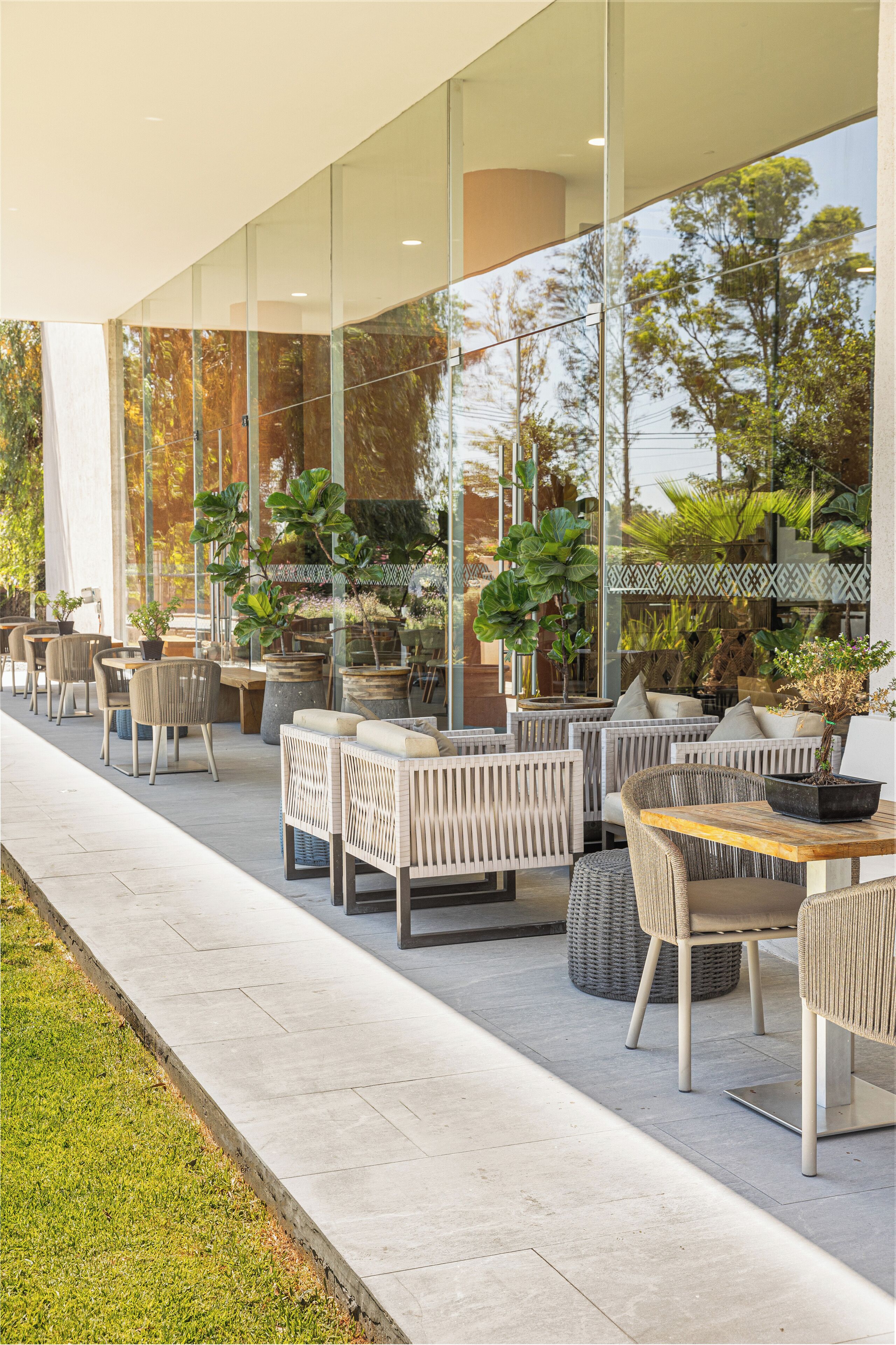 Un espace extérieur aménagé avec des meubles en osier et des plantes en pot, donnant sur un jardin.