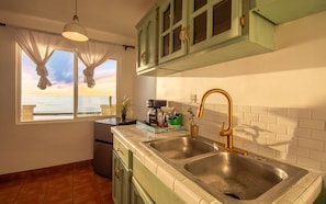 Fridge, oven, stovetop, cookware/dishes/utensils