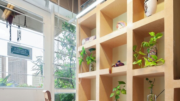 A room with a wooden desk, shelves with plants and books, a chair, and a view of greenery through a window. - Casa Itzae B&B Polanquito Dog Friendly (Mexico City)