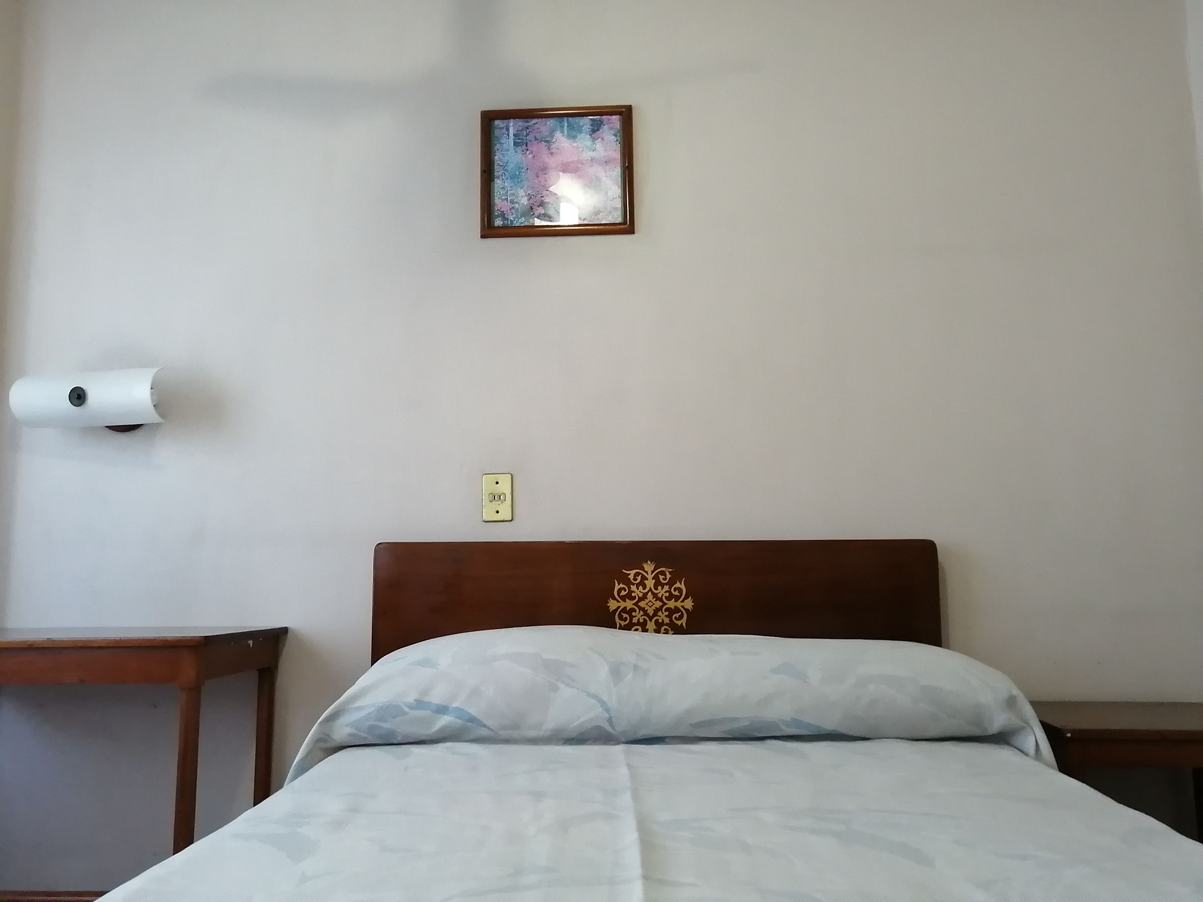 A neatly made bed with a patterned bedspread, a wooden headboard with a decorative crest, a wall-mounted light fixture, and a framed picture above the bed.