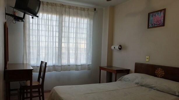 Une chambre à coucher avec un lit, un bureau avec une chaise, une télévision et une fenêtre avec des rideaux.