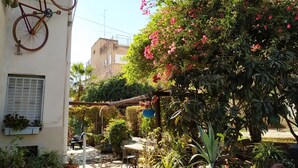 Un patio con una bicicleta apoyada en una pared, rodeado de abundante follaje y plantas florecientes.