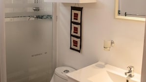 A bathroom with a glass-enclosed shower, a white toilet, a sink with a mirror, and a framed picture on the wall.