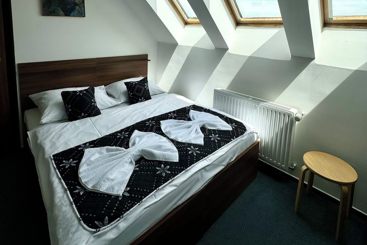 A bedroom with a bed, skylights, a radiator, and a small stool.