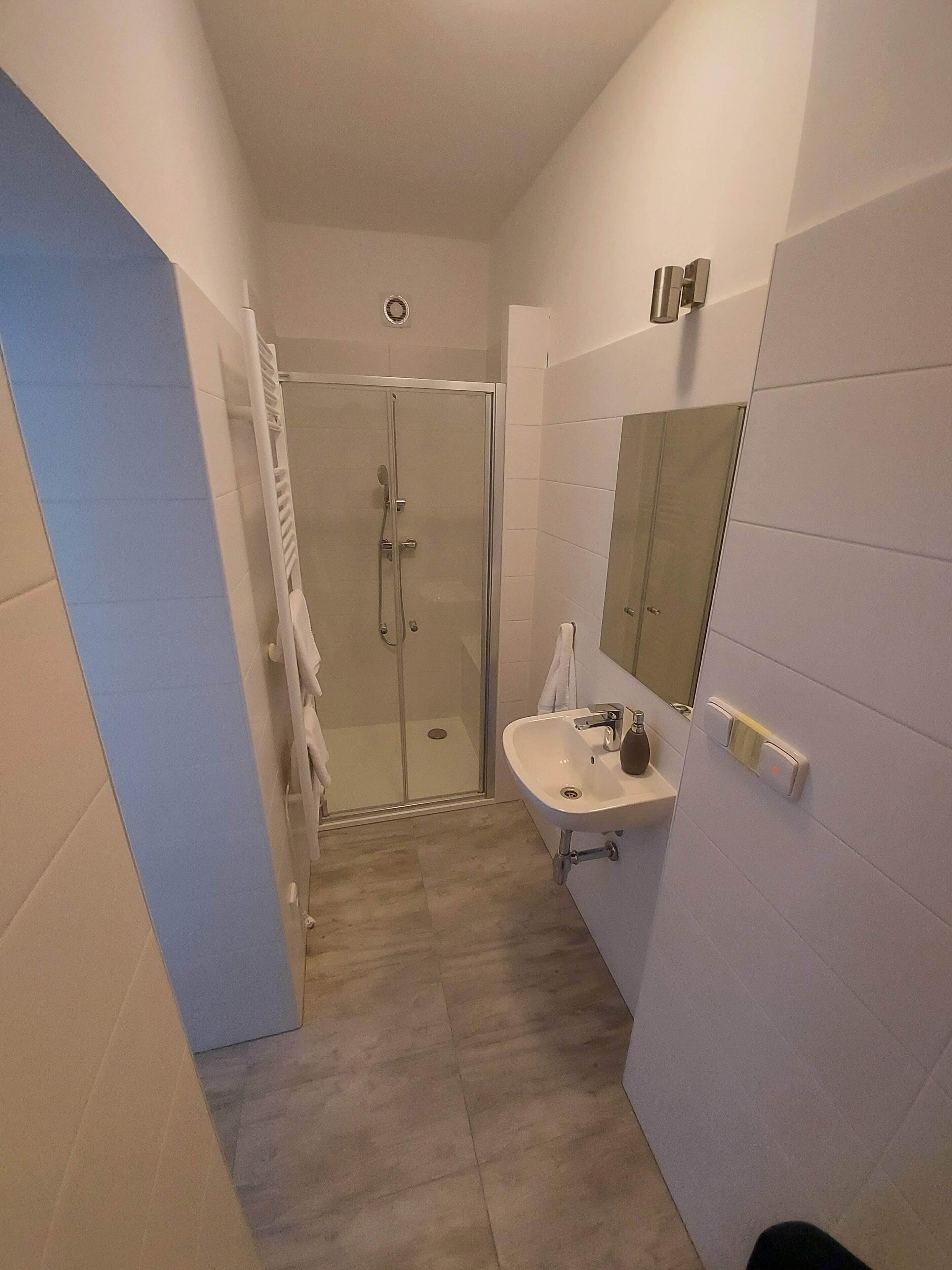 A narrow bathroom with a glass-enclosed shower, a white sink, and a mirror on the wall.