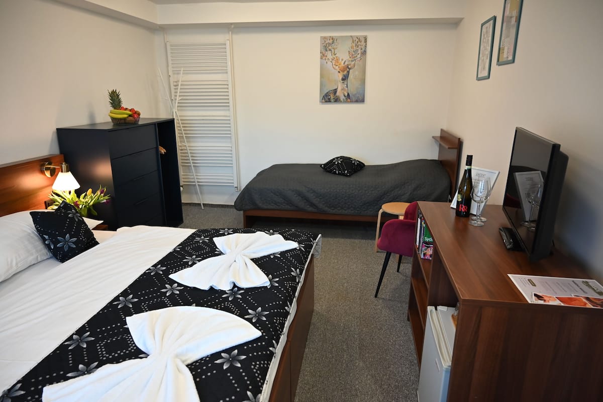A hotel room with a bed, a desk, a television, and a window with blinds.