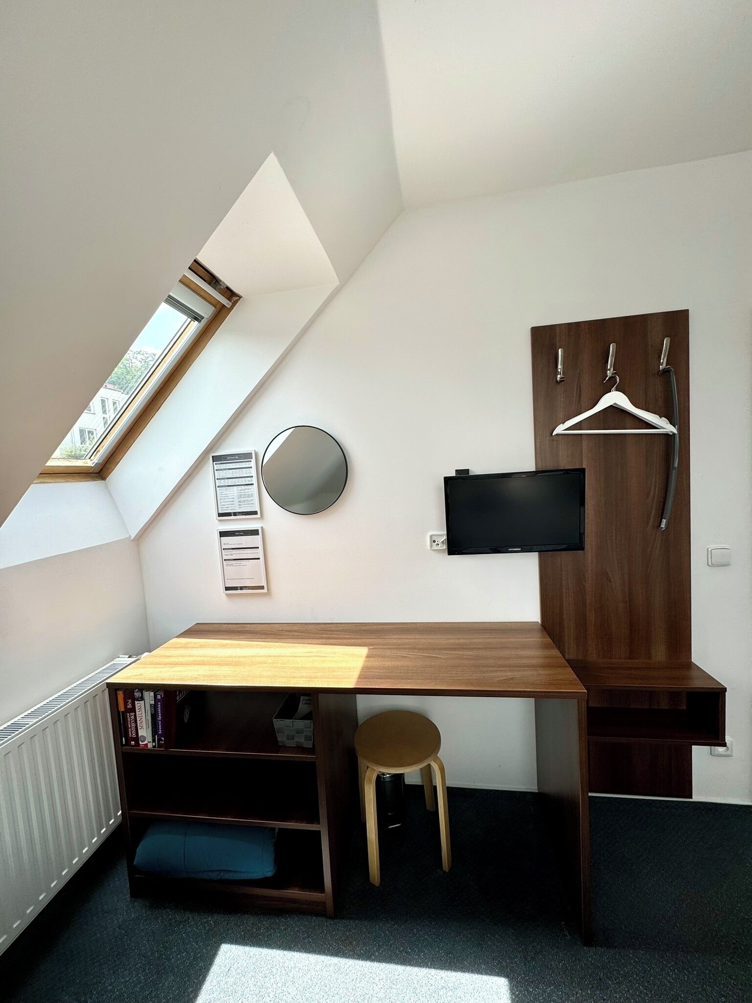 Una habitación compacta con techo inclinado, un escritorio empotrado, una silla, un radiador, un televisor montado en un panel de madera y un ventanal pequeño.