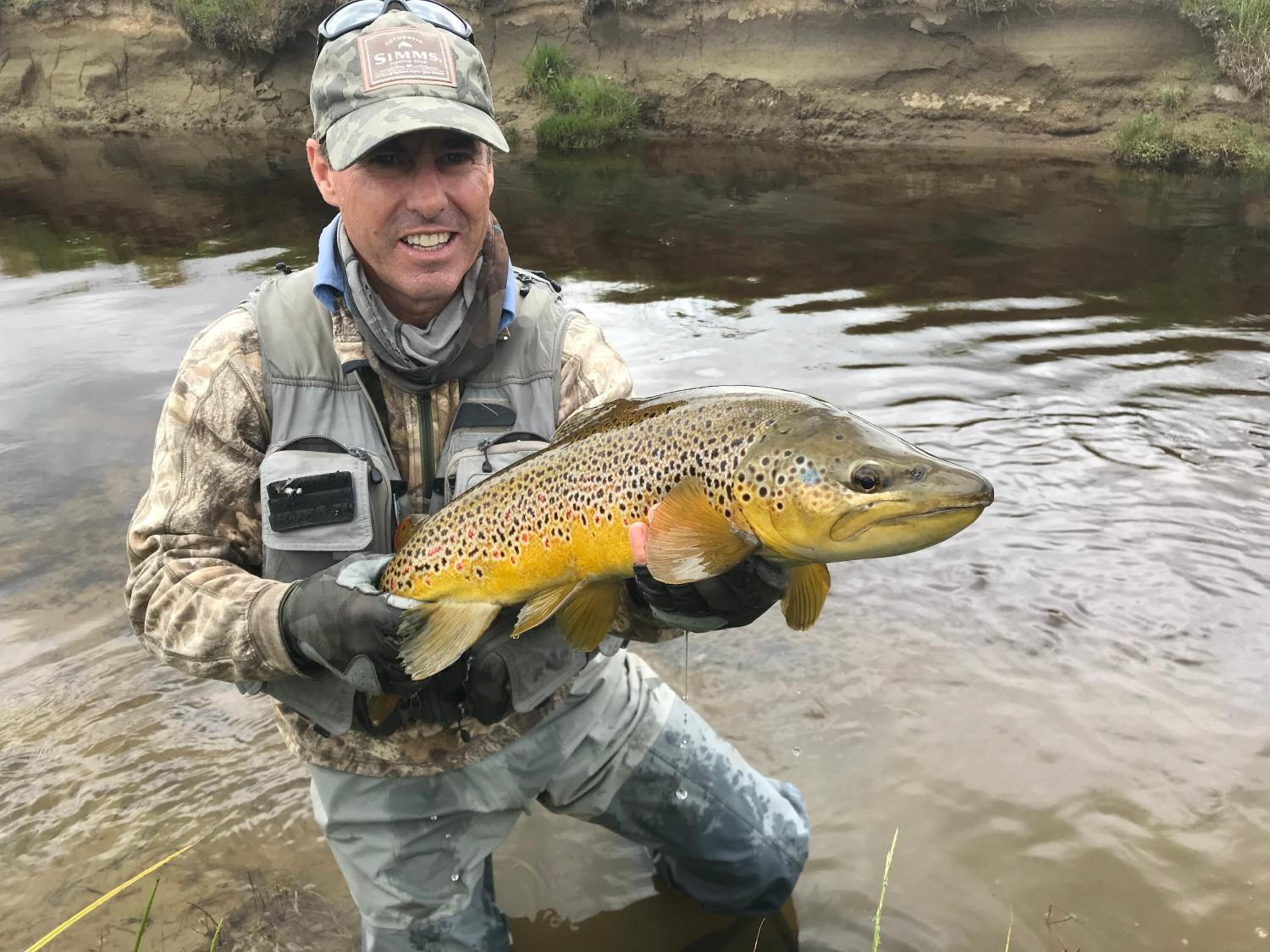 A person holding a fish in a natural water setting.
