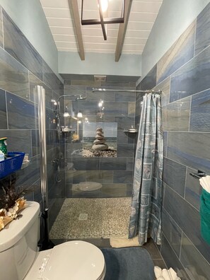 Shower, hair dryer, towels, soap