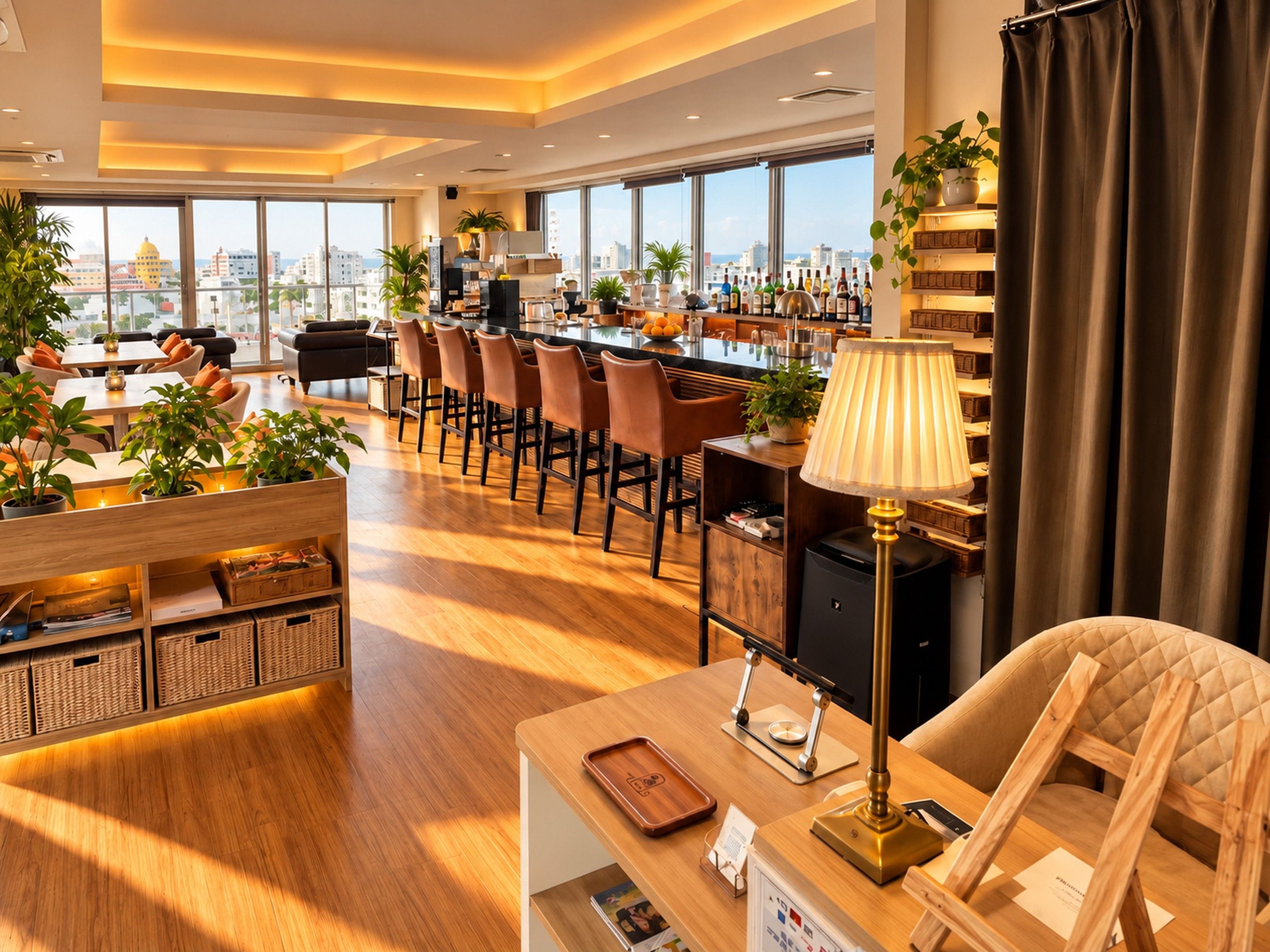 A modern hotel lobby with a bar area, seating, and a view of the cityscape.
