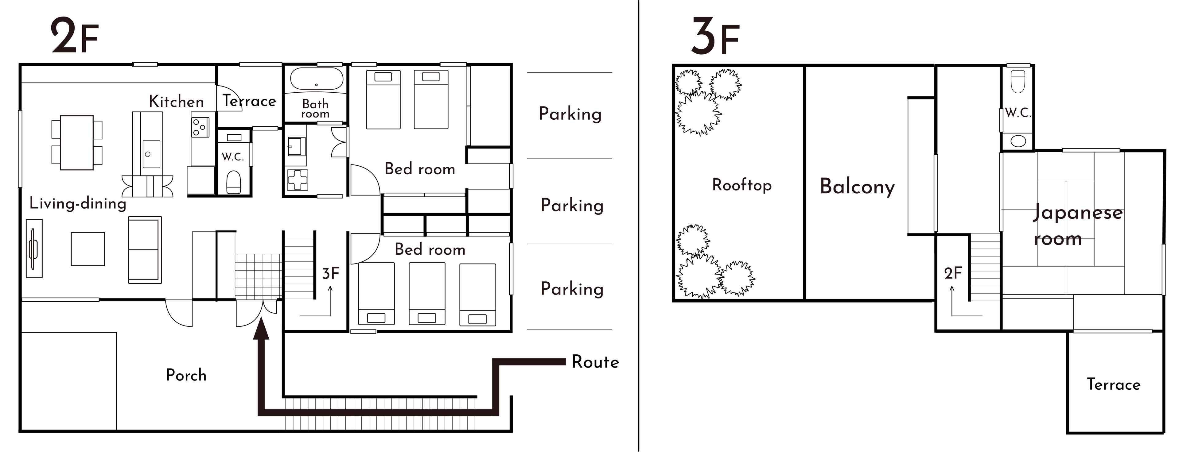 A 2F floor plan with a kitchen, living-dining area, two bedrooms, a bathroom, and a porch.