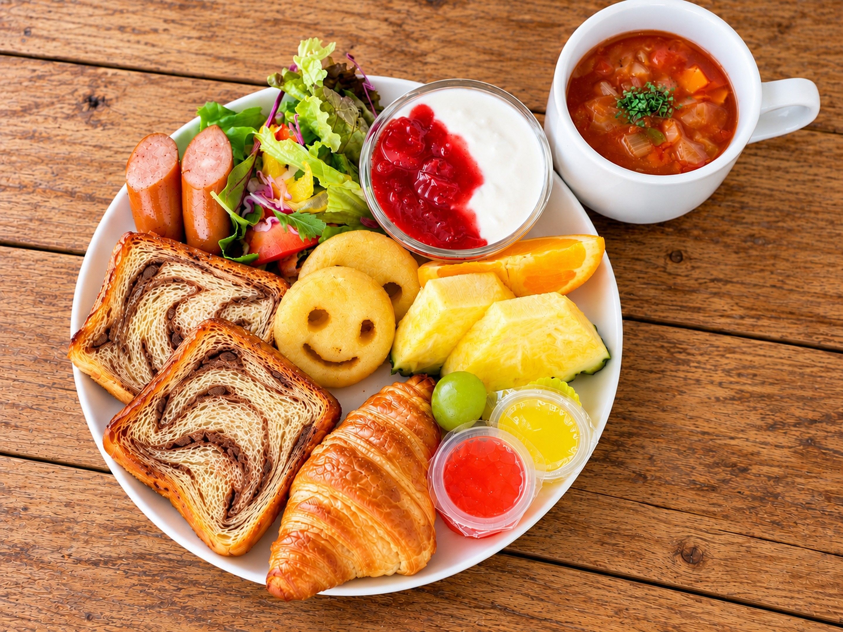 A plate with croissants, sliced bread, a smiley-faced bread roll, grapes, and a salad.