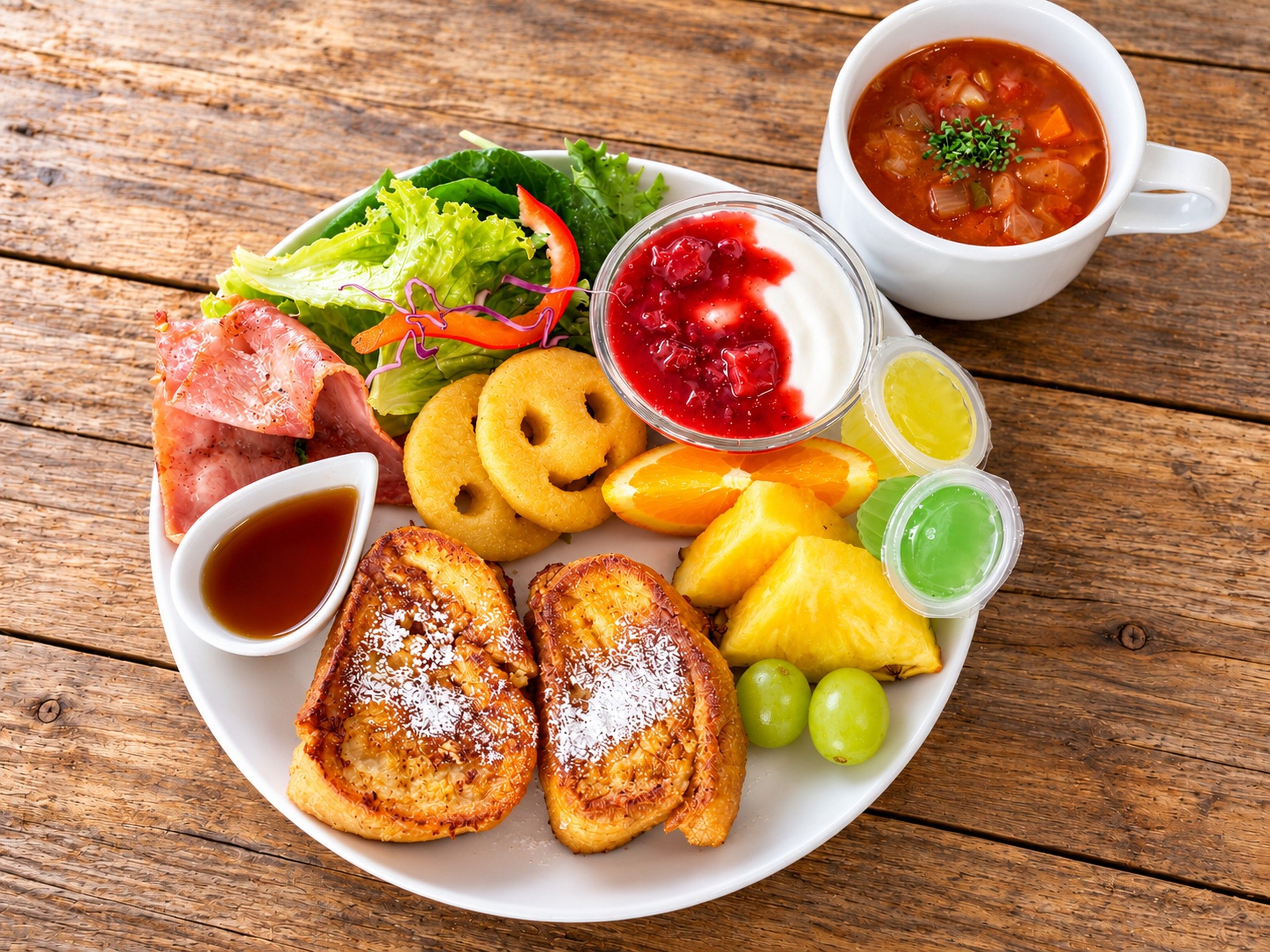 Prato com torradas, frutas, salada e sopa.