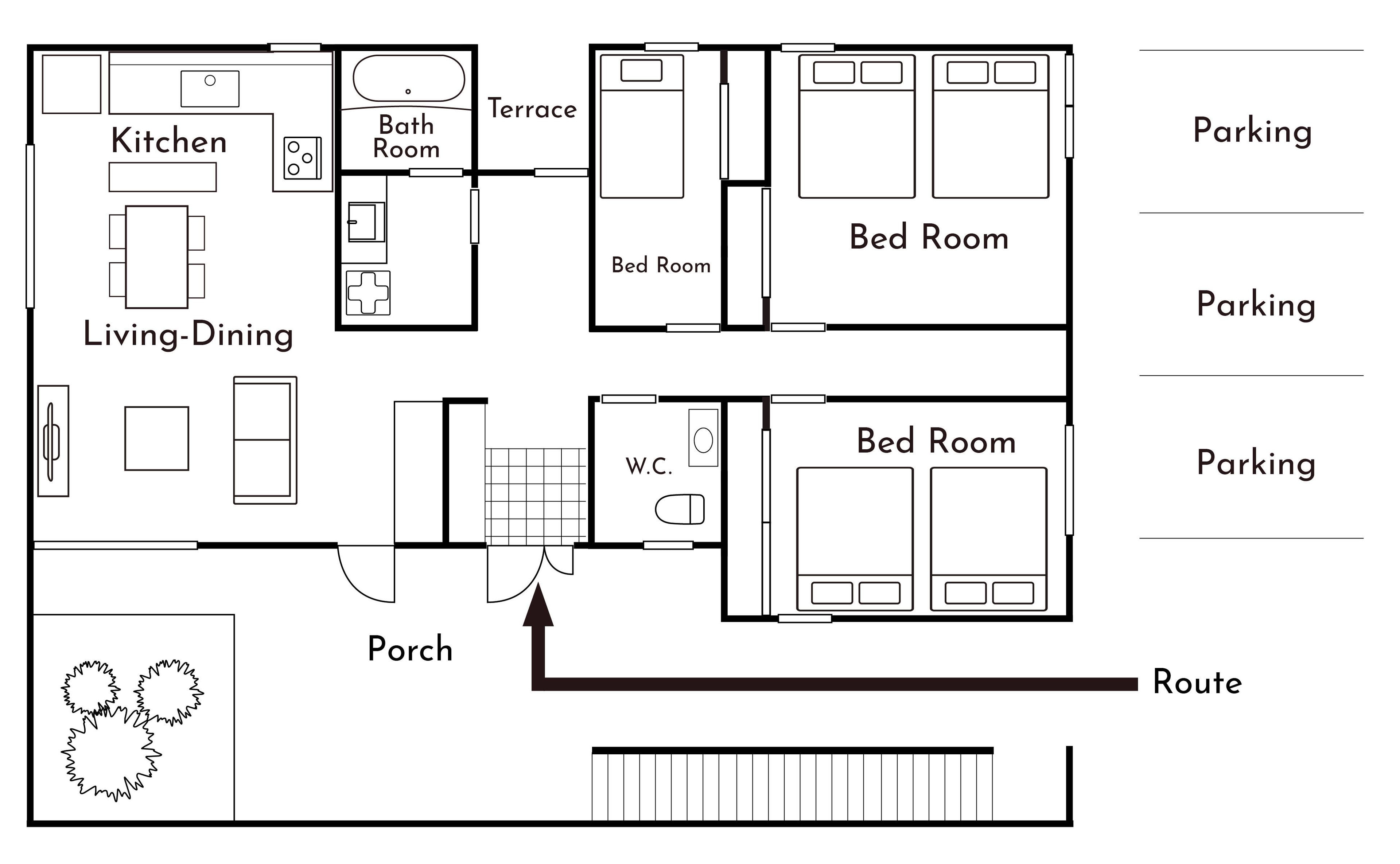 A floor plan with a kitchen, living-dining area, two bedrooms, a bathroom, a terrace, a W.C., and parking spaces.