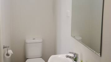 A small, clean bathroom with a toilet, sink, and mirror.