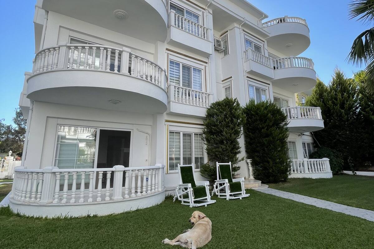 A multi-story building with balconies, a lawn, and a dog.