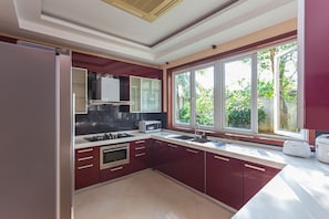 Fridge, microwave, stovetop, electric kettle