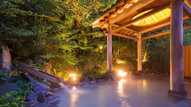 A hot spring area with a wooden pavilion, stone steps, and surrounding greenery. - Unzen Shinyu (Unzen)