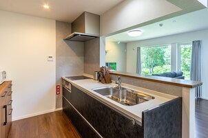 Fridge, microwave, stovetop, electric kettle