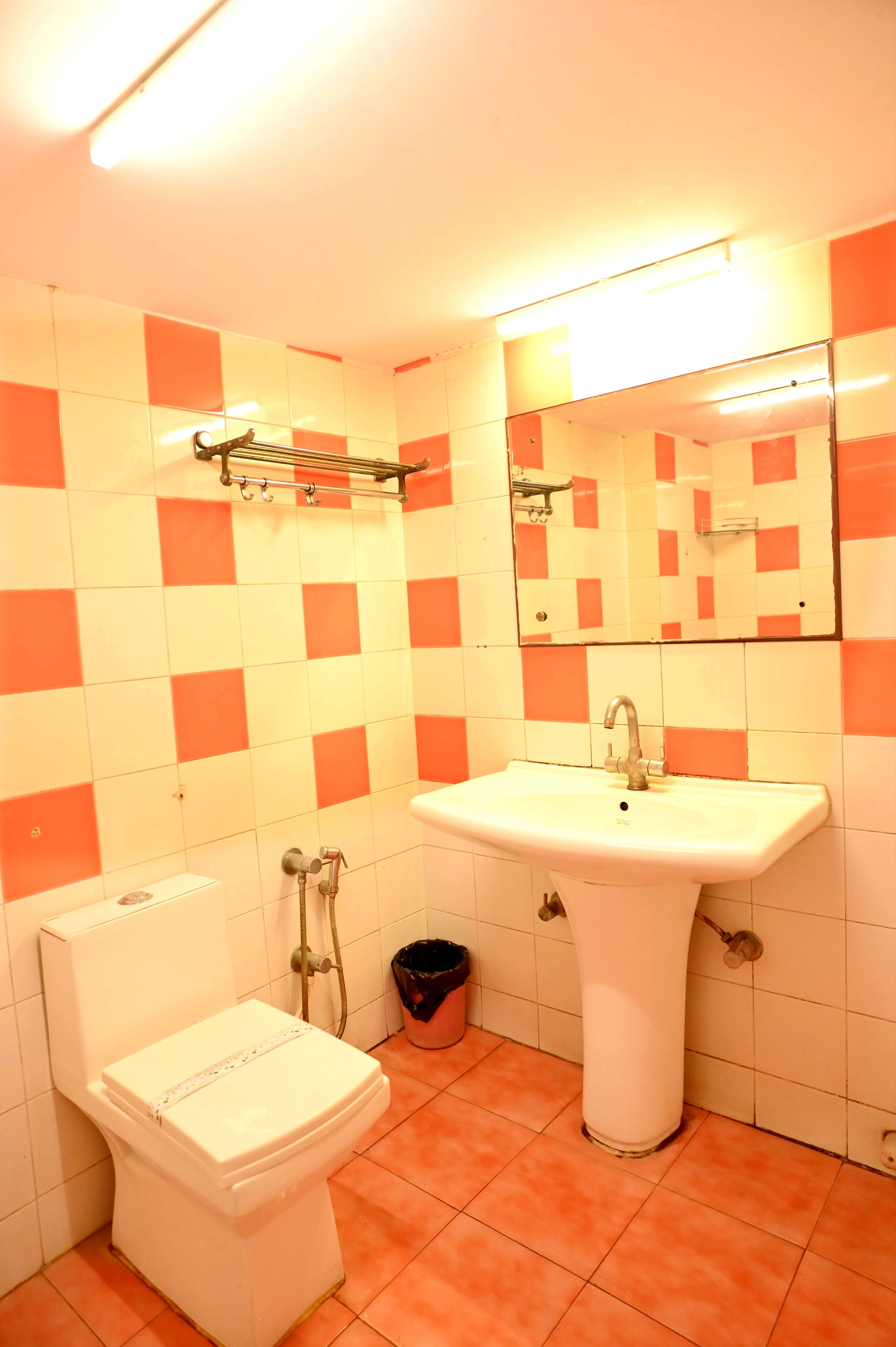 A bathroom with a toilet, sink, and mirror.