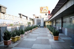A rooftop terrace with potted plants arranged in rows, a modern building with a logo, and a clear sky.