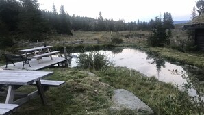 A rustic outdoor setting with a wooden deck and picnic tables, surrounded by a natural landscape and a small pond. - Skeikampen Appartement (Gausdal)