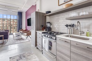 Oven, dishwasher, espresso maker, cookware/dishes/utensils