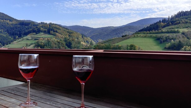Dos copas de vino en un balcón con vistas panorámicas de colinas onduladas y un cielo despejado.