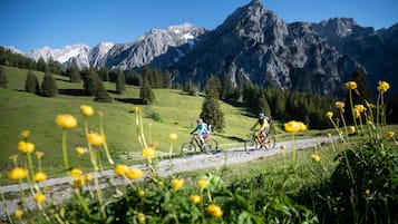 Un sendero para bicicletas de montaña con ciclistas, rodeado de campos verdes y montañas al fondo.