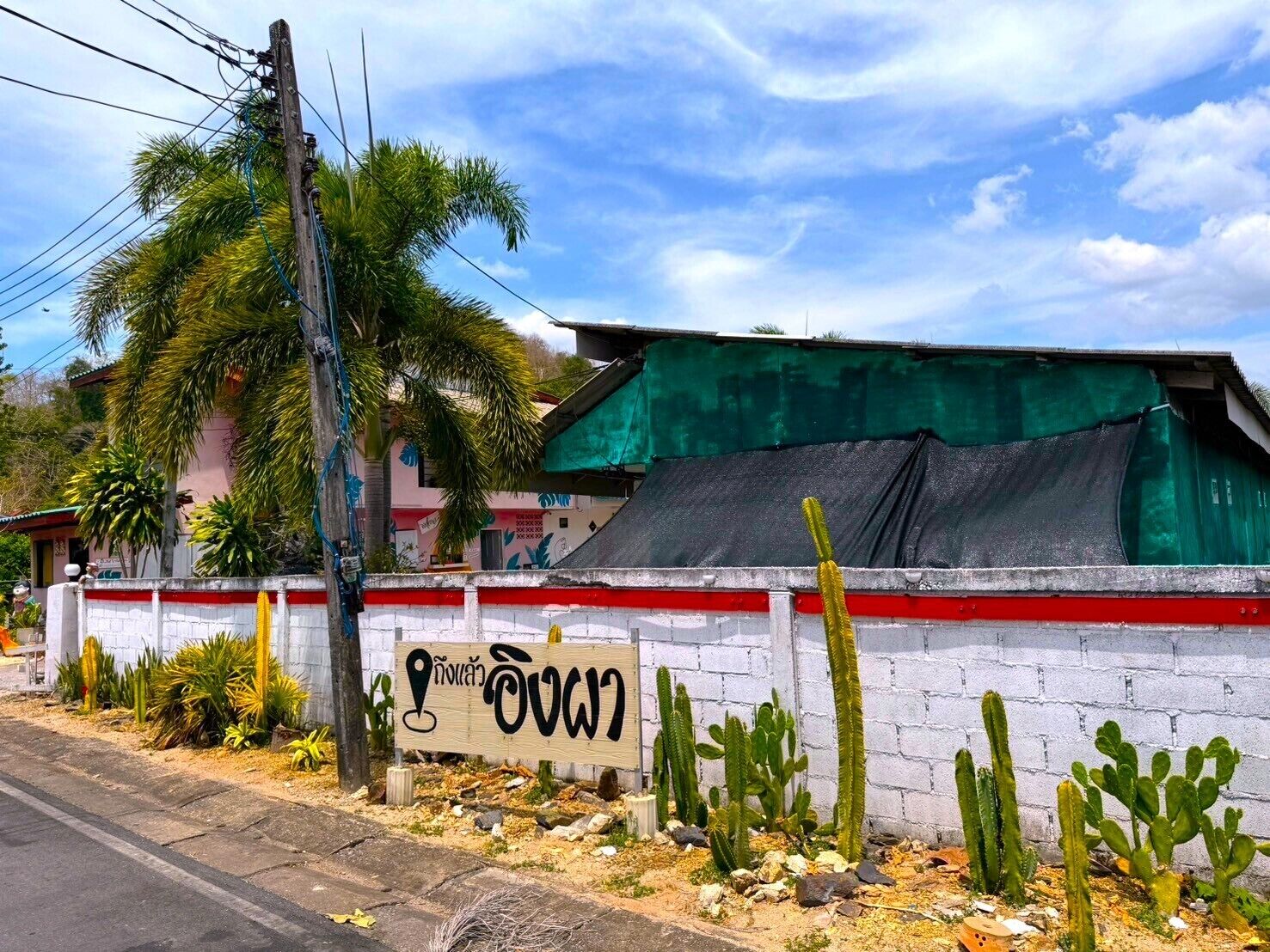 Una calle con un muro blanco, un jardín de cactus y un edificio con un toldo verde.