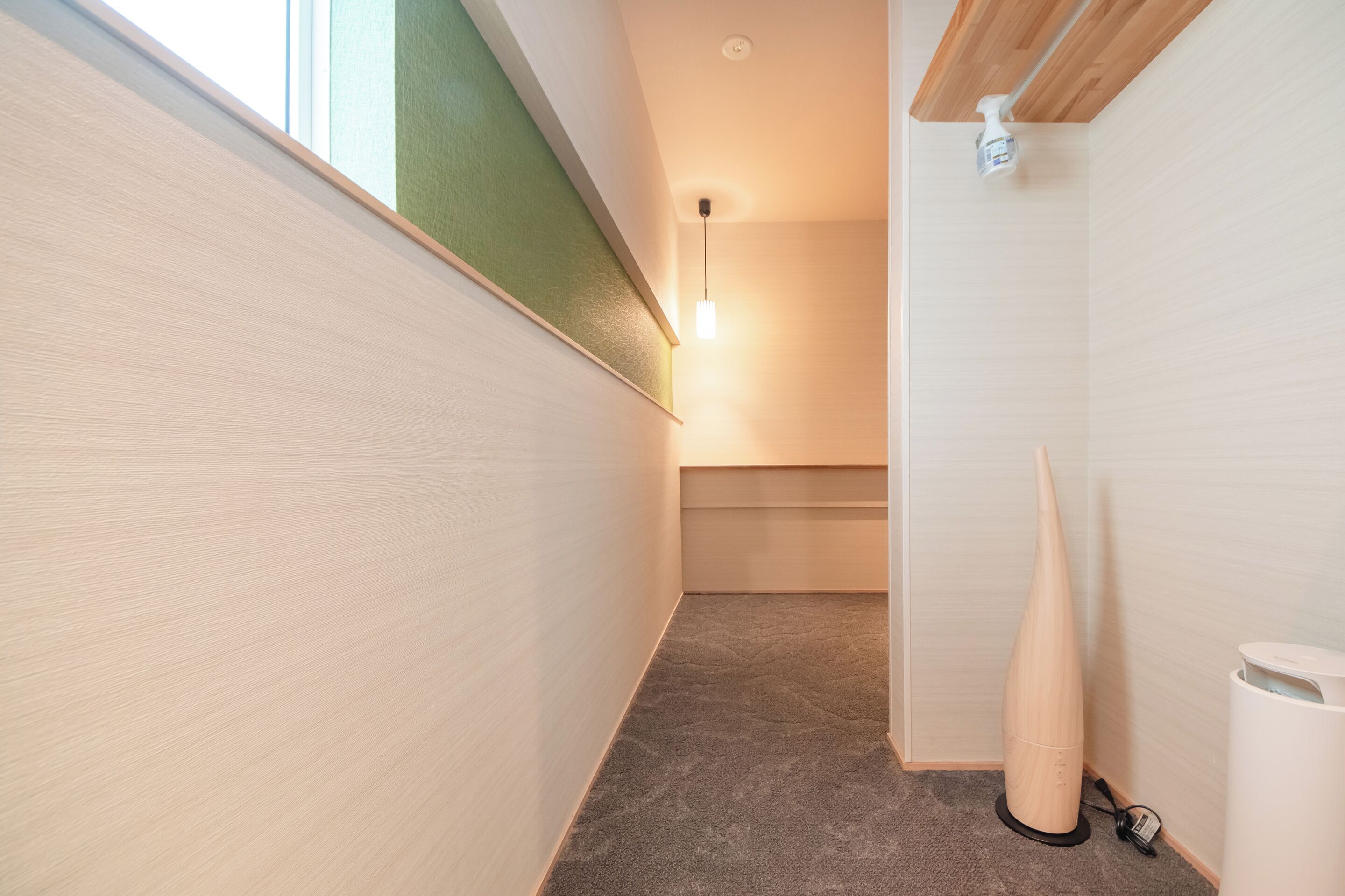 A narrow hallway with a carpeted floor, a wooden floorboard on the left, and a white trash bin on the right.