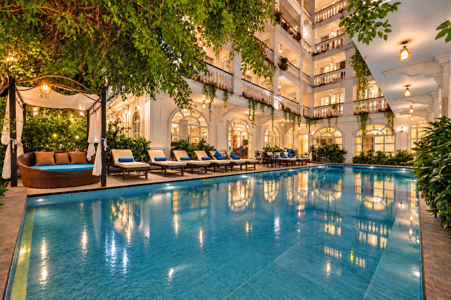 A multi-level indoor pool area with lounge chairs and a covered seating area.