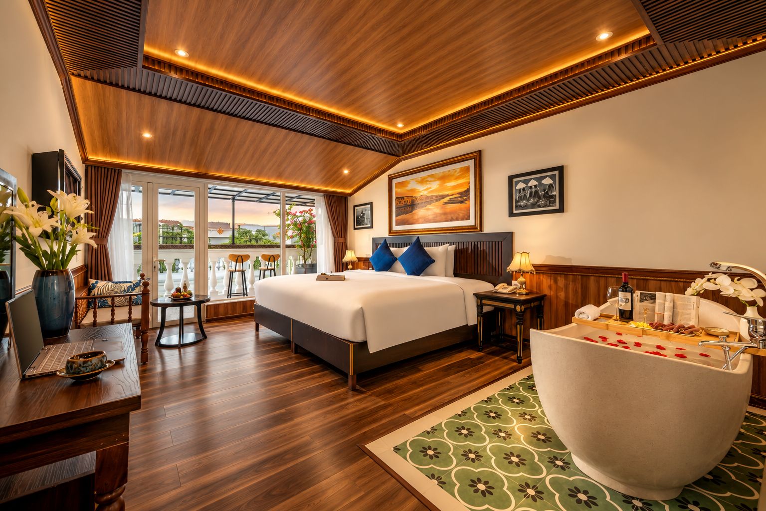 Habitación de hotel con una cama grande, zona de estar con vistas y una bañera.