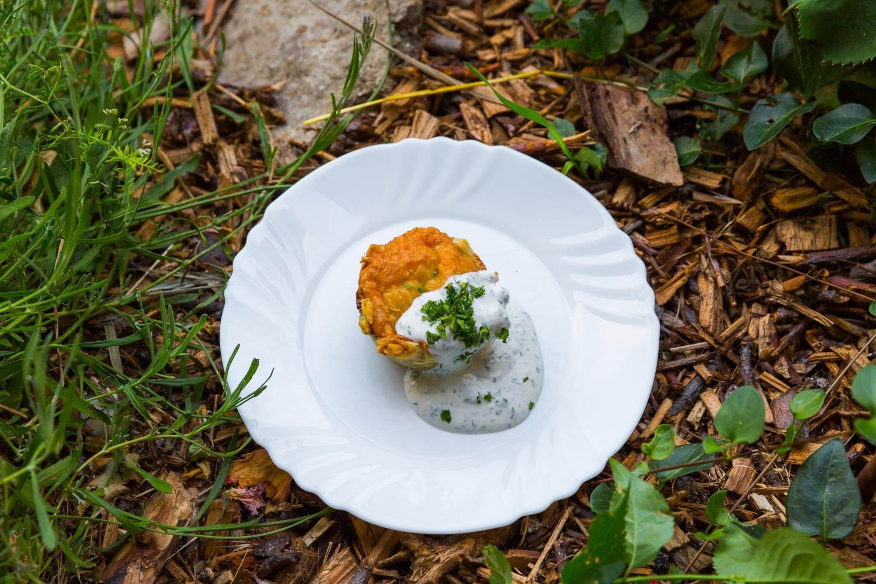 Un plato blanco con un alimento y una porción de salsa sobre una base de astillas de madera y follaje.