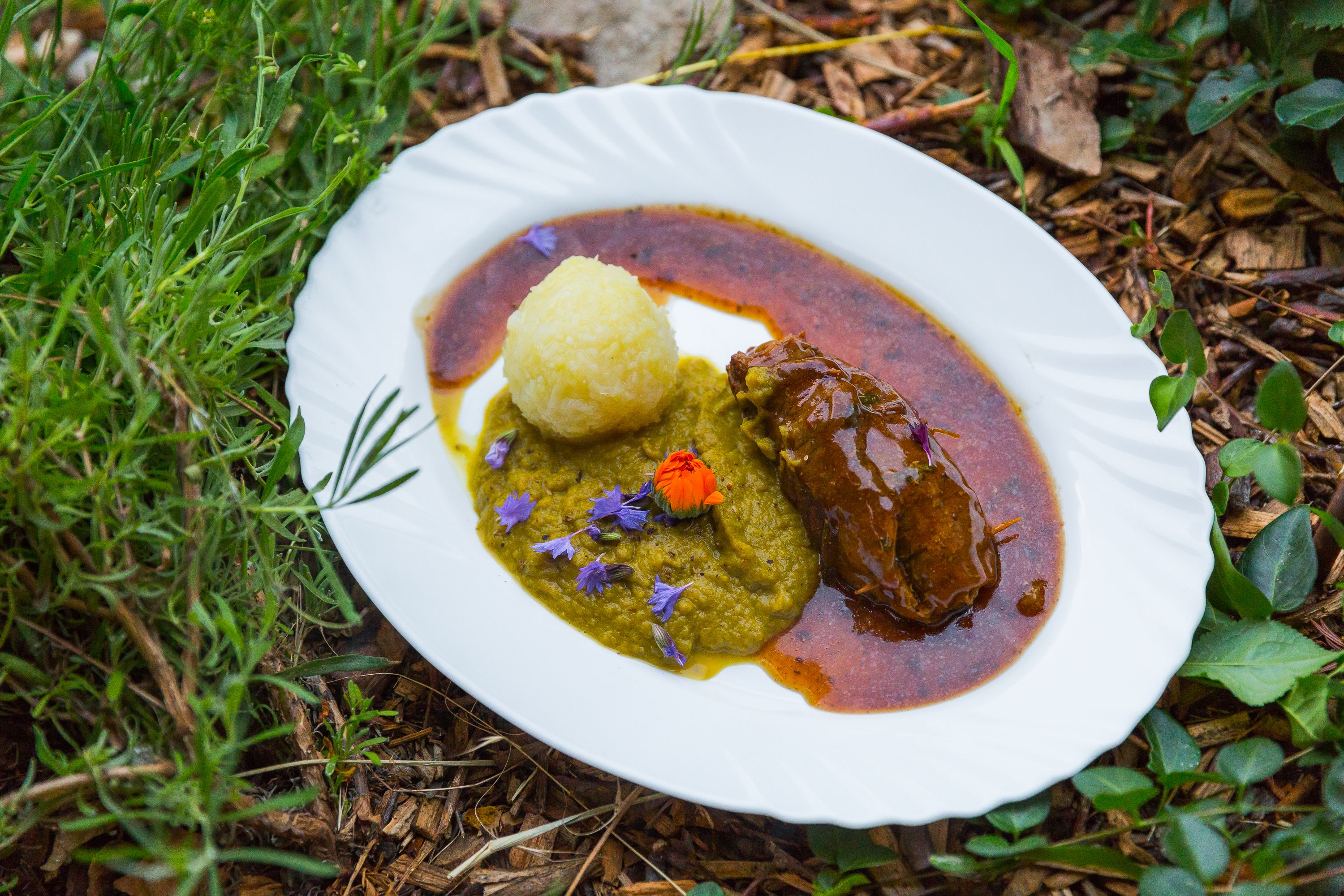 Un plato blanco con salsa verde, un elemento amarillo y uno marrón, rodeado de follaje.
