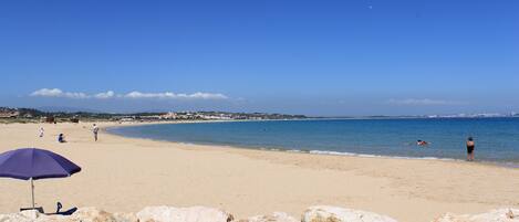 On the beach, sun-loungers