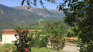 Ein Garten mit Blick auf Berge, einem Holzzaun und einem Gebäude mit Ziegeldach.
