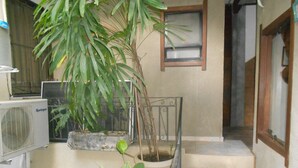 A small outdoor area with a potted plant, a wooden bench, and a window with a view of the street. - Gohouse - Suite Tonelero 02 (Rio de Janeiro)