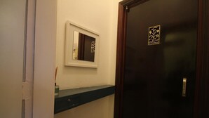 Un baño con un espejo, un perchero y una puerta con un panel decorativo.
