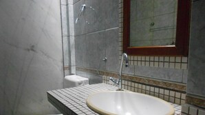 Une salle de bain avec un lavabo blanc, des toilettes et une douche.