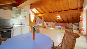 A cozy attic room with a kitchen, dining area, and a sleeping area with a loft bed. - Solinda (Garmisch-Partenkirchen)