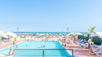 Seasonal outdoor pool, pool loungers