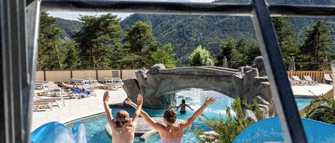 Seasonal outdoor pool, pool umbrellas, pool loungers