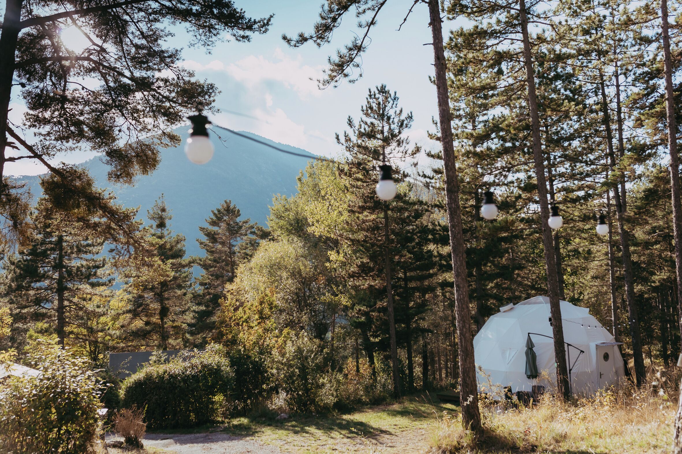 Une tente en forme de dôme blanc, installée dans une zone boisée, avec des arbres et une montagne en arrière-plan.