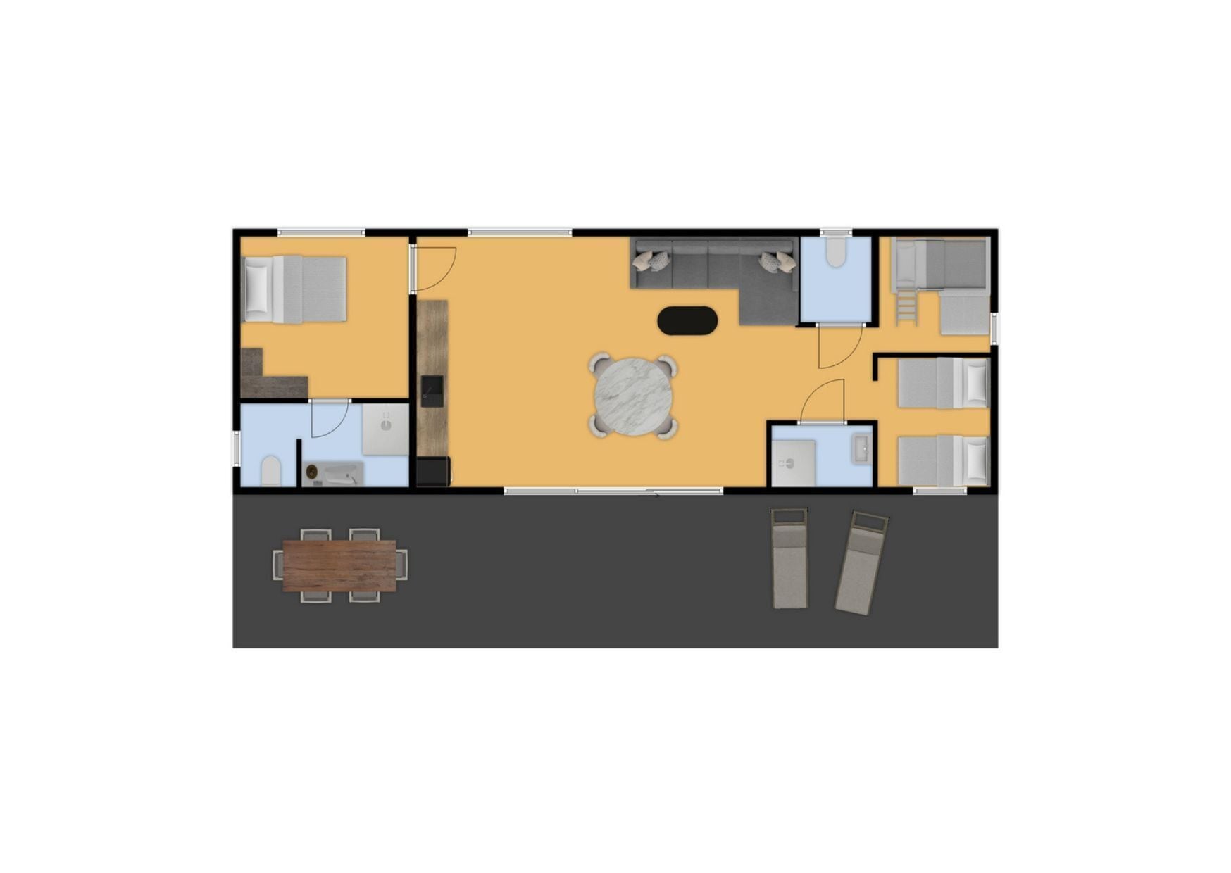 A hotel room layout with a bed, a desk, a chair, a small bathroom, and a dining area.