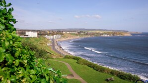 A coastal view with a beach, a road, and buildings in the background. - Delmont Hotel (Scarborough)