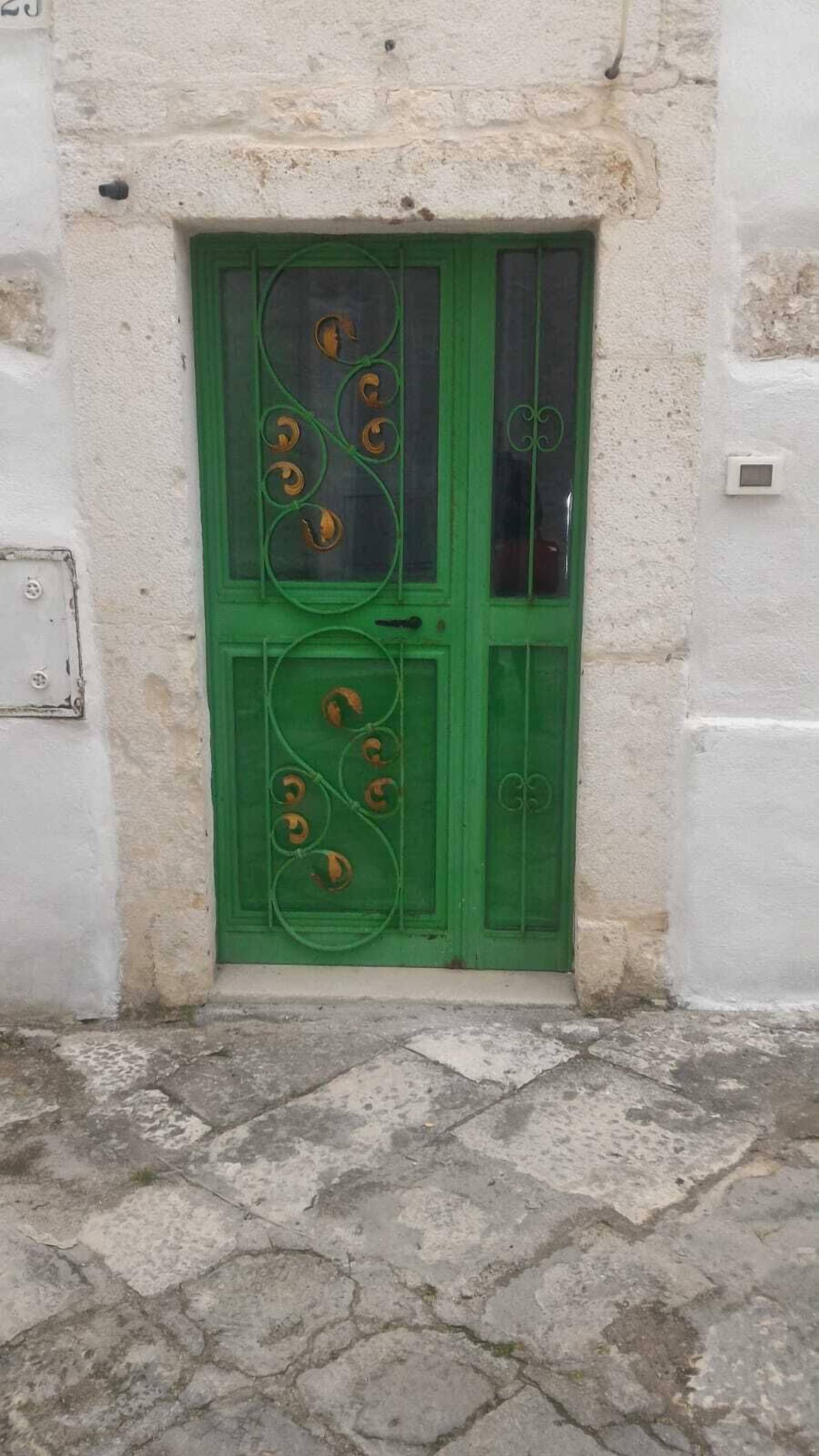 Una porta verda amb detalls metàl·lics decoratius, una finestra petita a dalt i una paret blanca amb una caixa de serveis a l'esquerra.